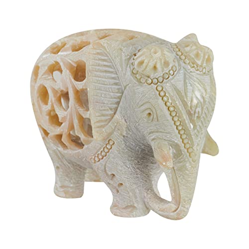 Crafkart Soapstone White Lucky Elephant Soapstone Figurine With Elephant In Belly 3.1” Statue Handmade In Jali Or Openwork From A Single Block Of Stone - Home Décor Decorations Gifts For Women Adults #TOP16
