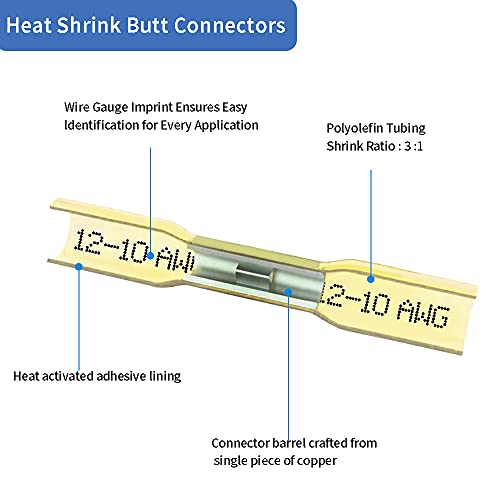 50 Pcs Yellow Heat Shrink Butt Connectors, 12-10 Awg Waterproof Crimp Terminals Electrical Wire Connectors Splice For Marine, Cable, Wiring #TOP2