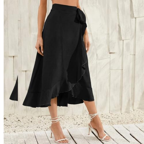 ODIZLI Women's Wrap Skirt High Waist Irregular High-Low Hemline Tie Waist Ruffle A-line Midi Skirt2