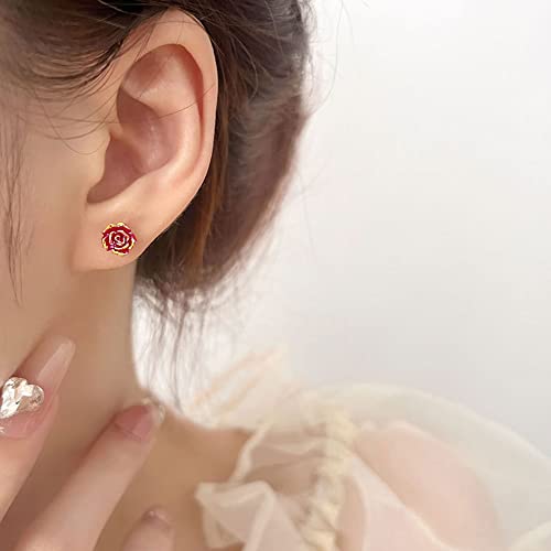 Red Rose Flower Small Stud Earrings Sterling Silver 925 Colorful Flower Cartilage Tragus Earrings Studs Tiny Piercing Post 20G Cute Jewelry Gifts For Women Girls Xmas #TOP1