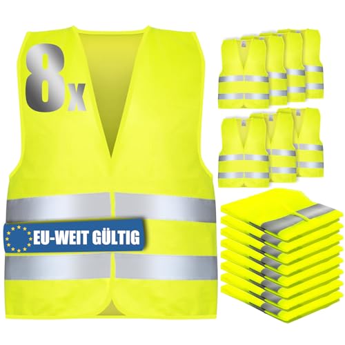 KENPOJO Warnwesten Auto 8er Set, Reflektierende Warnweste Gelb KFZ Europaweit Gültig Nach EN ISO 20471, High Visibility Vest Sicherheitsweste Auto Erwachsene für Autofahrern Fahrern Arbeitskrften