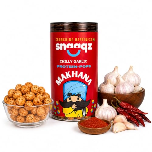 Image of SNAAQZ Chilly Garlic Roasted Makhana | Crunchy Fox Nut Healthy Snack | Spicy Phool Makhana Namkeen | Protein Rich Gluten Free Snack | Low Calorie Roasted Lotus Seeds with Chilli Garlic Flavour