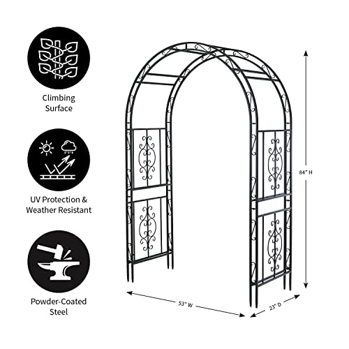 Plow & Hearth Arch Metal Outdoor Garden Arbor | Montebello | 7 Feet Tall | Gun-Metal | Iron Trellis Lattice for Climbing Plants | Wedding | Outdoor Patio Décor