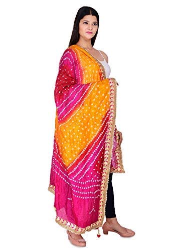 Image of Women's Jaipuri Art Silk Bandhej Rajasthani Bandhani Dupatta with Gota Patti Lace