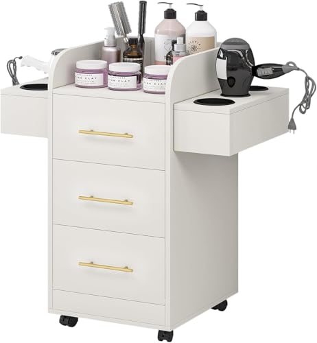 Beauty Salon Station for Hair Stylist, Salon Station Storage Cabinet with Wheels, Rolling Beauty Station with 3 Drawers & 6 Hair Dryer Holders, White and Gold