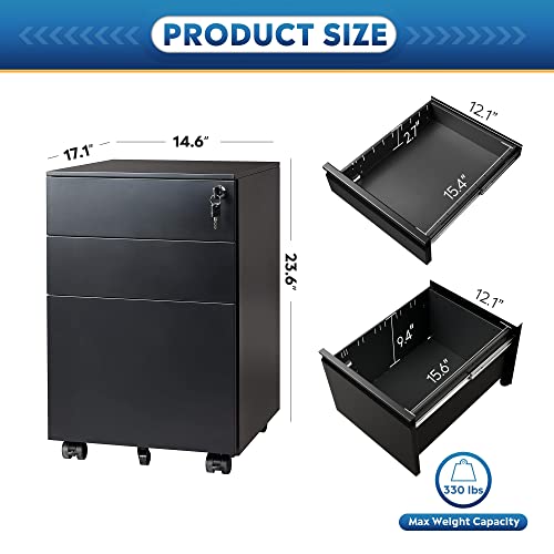 Image of DEVAISE 3 Drawer Locking File Cabinet, Under Desk Metal Filing Cabinet for Legal /Letter /A4 File, Fully Assembled Except Wheels, Black