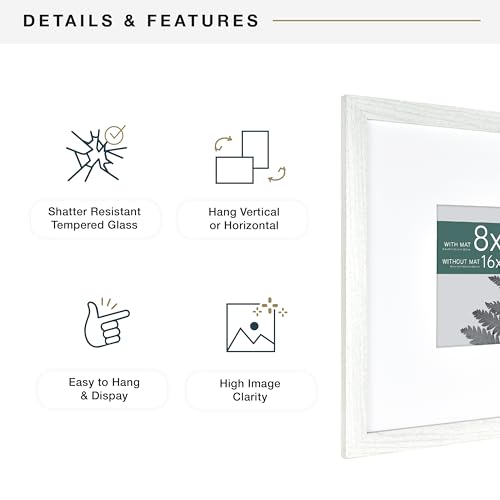 MCS Studio Gallery 16x16 Matted Photo Frame with 8x8 Picture Display, White Woodgrain Vertical & Horizontal Wall Hanging Large Picture Frame for Photos & Art Prints (1-Pack)