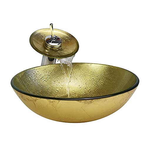 HomeLava Lavabo Vasque en Verre Trempé Or, avec Robinet Cascade à poser la salle de bain