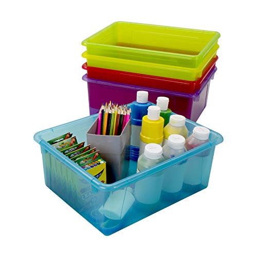 Image of Storex Letter Size Deep Storage Tray - Organizer Bin with Non-Snap Lid for Classroom, Office and Home, Assorted Tints, 5-Pack (62550A05C)