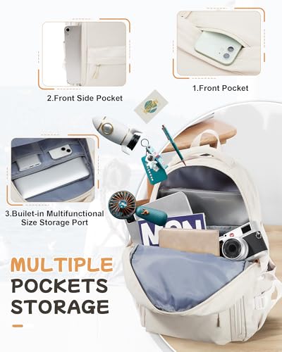 Lightweight School Backpack for Women, College Bag High School Bookbag for Teens Girls Boys, Large Laptop Travel Backpack for Men, Beige3