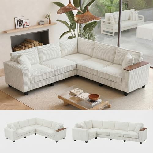 Image of 97 Inches Corduroy Couch with 2 Pillows Deep Seat Sectional Sofa Armrests with Two Hidden Storage Space Corner Couch Oversized L Shaped Cloud Couches for Living Room Beige