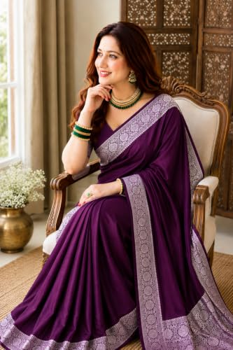Image of Women's Glory Banarasi Satin Kanjivaram Saree Silver Zari Border Pure Soft Blend Silk Sari Kanchipuram Paithani Silk Party Wedding Festive New Ladies Sadi with Unstiched Blouse Piece. (Pink)