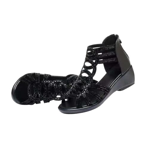 AEGJEGVD Gladiator Sandals for Women Soft Leather Roman Sandals Middle Thick Heels Sandals with Arch Support Anti-slip Sandals Orthopedic Wedge Open Toe Sandals Summer Comfort Heeled Shoes Size 3-5.5