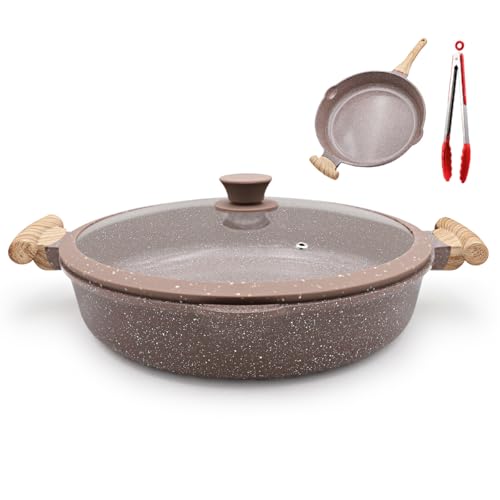 AIKENBBKK Ceramic Frying Pan with Lid, 14 Inch Saute Pan, Non Stick Frying Pans, 2-In-1 Large Cooking Pan, Nonstick Skillet, Compatible with All Stoves, PTFE & PFOA Free, Brown