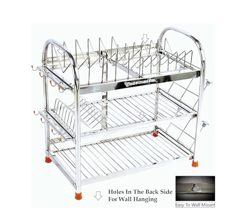 Image of AMOL Premium Stainless Steel 3-Tier Dish Rack | Kitchen Rack for Utensils, Plates & Glasses | Wall Mount & Countertop | Rust-Proof Kitchen Stand | Size- 18x18x11 inches (RW21-18x18x11)
