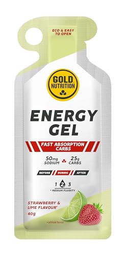 GoldNutrition Energy Gel – 30 g de carbohidratos y cafeína – Gel energético para resistencia, correr, maratón y ciclismo – para una energía rápida durante el deporte, sabor a fresa y lima