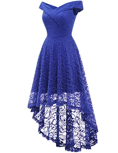 Off The Shoulder Dresses for Women Elegant High Low Hem Floral Lace Dress for Wedding Party RoyalBlue 2XL