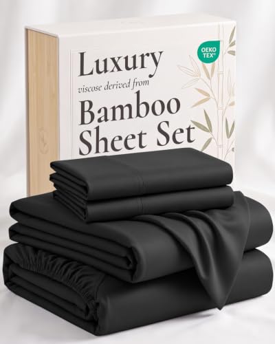 Image of Hotel Sheets Direct 4 Piece Bed Sheet Set Queen Size, 100% Viscose Derived from Bamboo Sheets Set with 2 Pillowcases, Cooling & Breathable Luxury Bedding, Moisture-Wicking & Silky Soft Texture, Black