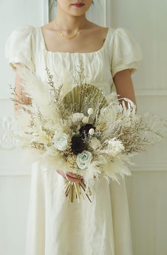 Ramo de boda rústico boho beige y blanco miniatura 3