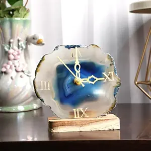 9Dzine Crystal Agate Stone Table Clock for Home Decor Items | Multicolor Decorative Items for Home Office Desk Study Table Living Room Bedroom | Gifts for Women Men- Blue
