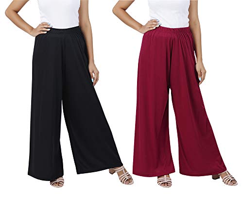 Image of Buy That Trendz M to 4XL Cotton Viscose Loose Fit Flared Wide Leg Palazzo Cotton for Pants Women Black Maroon Combo Pack of 2 XX-Large