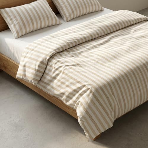 Parure de lit 180 cm 100 % coton rayures taupe avec taies 50x95 - 4