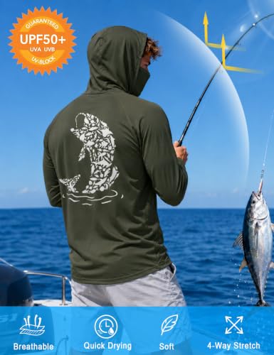 Image of FISHEAL Men's UPF 50+ Sun Protection Fishing Hoodie, Long Sleeve UV Shirts with Mask, Quick Dry Hooded for Outdoor Beach