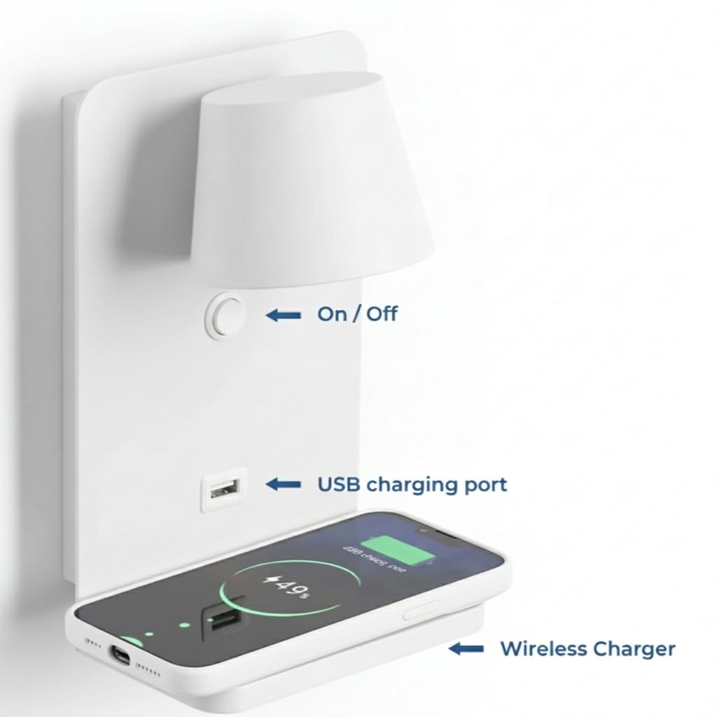 BARCELONA LED Wandleuchte "BASKOP W" Leselampe 6 W schwenkbar Kabellose Ladestation + USB-Port Moderne Wandleuchte ideal für Kopfteil, Schlafzimmer oder Schreibtisch