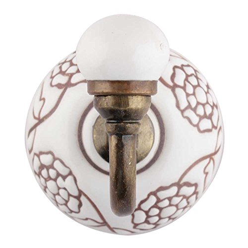 Indianshelf Wall Hooks For Keys | White Coat Hook Hardware | Ceramic Wall Mount Clothes Hanger | Etched Floral Single Hooks For Hanging Coats | Decorative Wall Hooks Heavy Duty [5.72 Cm] #TOP1