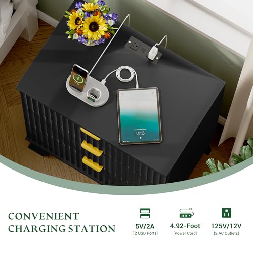 Image of Xixini Fluted Nightstand with Charging Station, Tall Bedside Table, Black