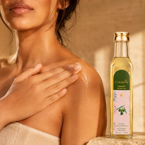 Image of CAMIA - Organic Cold Pressed Olive Oil for Skin & Hair | Natural Skincare & Hair Treatment | Strengthen Hair Roots & Deeply Moisturizes Skin | 250 ML Glass Bottle