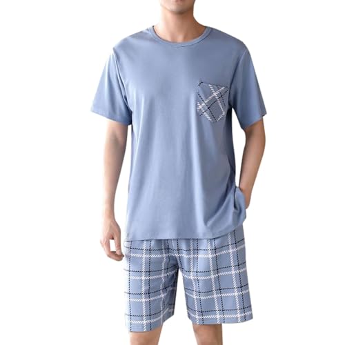 Image of Munweiyu Men's Short Pyjamas 2 Pack Leisure Suit 2-Piece Short Loungewear Trousers Checked and T-Shirt Lounge Set Short Sleeve Pyjamas Crew Neck Sleepwear Pyjamas 2 Sets Nightwear, lightblue, 4XL