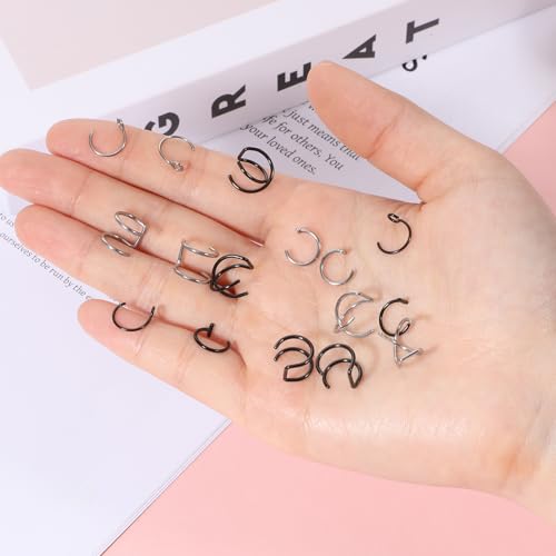 Fake Lip Piercing, 16 Pcs Stainless Steel Fake Lip Ring 8mm Faux Nose Ring Non Piercing Hoop Nose Rings for Women Men (Silver, Black)3
