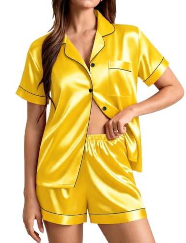 Image of SWOMOG Womens Silk Satin Pajamas Set Short Sleeve Sleepwear Button Down Top and Shorts Loungewear 2 Piece Pjs Set XS-3XL
