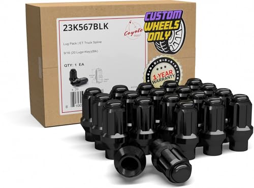 Image of Wheel Accessories Parts Set of 20 Black 9 /16 Spline Lug Nuts Small Diameter Narrow Extended Thread (ET) Spline Locking Lug 0.31 inch Shank Length Lug Nut for Aftermarket Wheels (Black, 9 /16 inch-18)