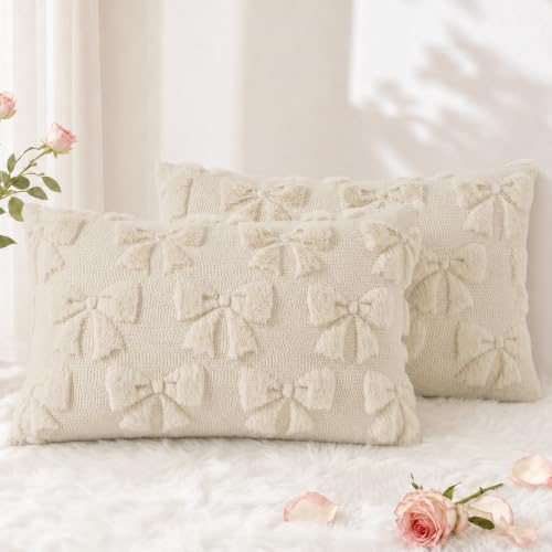 Image of decorUhome Beige Bow Cute Girl Faux Fur Throw Pillow Covers 12x20 Set of 2