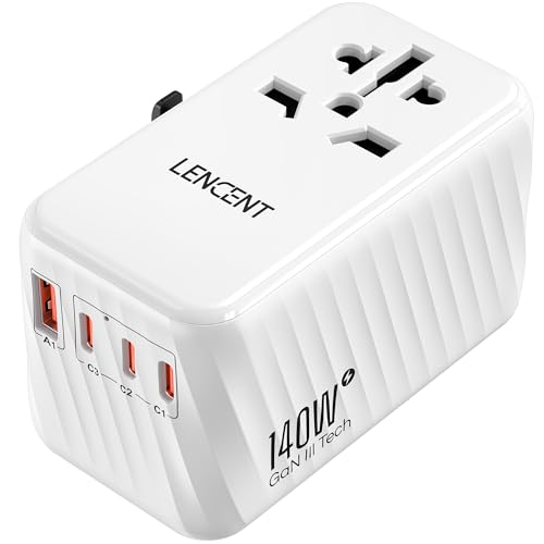 LENCENT Adaptador Enchufe Universal GAN 140W, Cargador Internacional con 3 PD3.1 Tipo C+1 QC USB A, Adaptador de Viaje Carga Rápida para Móviles, Tabletas, Portátil, EU/USA/UK/AU, Blanco