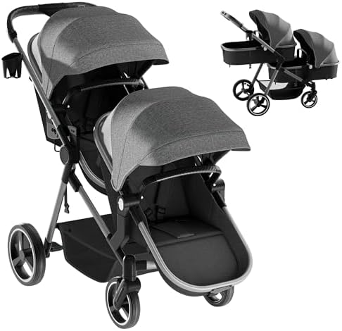 MU Double Stroller, Foldable Twin Tandem Stroller with Adjustable Backrest, Reversible Seat, 5-Point Harness, Storage Basket, Convertible Baby Bassinet for Infant and Toddler, Gray