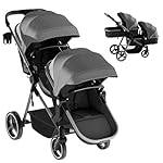 MU Double Stroller, Foldable Twin Tandem Stroller with Adjustable Backrest, Reversible Seat, 5-Point Harness, Storage Basket, Convertible Baby Bassinet for Infant and Toddler, Gray
