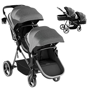 MU Double Stroller, Foldable Tandem Stroller with Adjustable Backrest, Reversible Seat, Twin Stroller with 5-Point Harness, Storage Basket, Convertible Baby Bassinet for Infant and Toddler, Gray