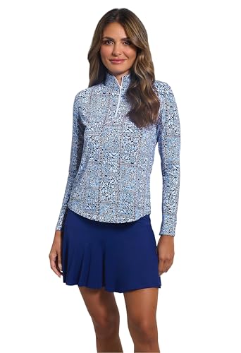 IBKUL Athleisure Wear Sun Protective UPF 50+ Icefil Cooling Josie Print Long Sleeve Mock Neck Top - 10113 Navy/Peri/Josie/XS