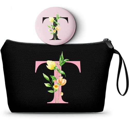 A-Z Bridesmaid gifts for Women, Small Initial Makeup Bag with Mirror, T