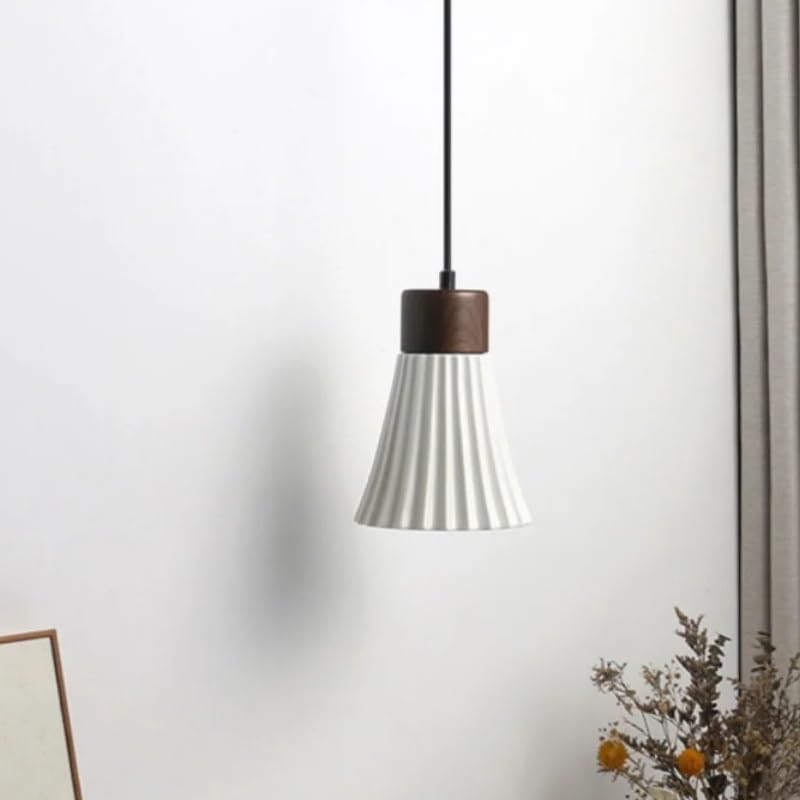 Lampe suspendue design en céramique blanche et bois, luminaire créatif d'exception 14.5cm