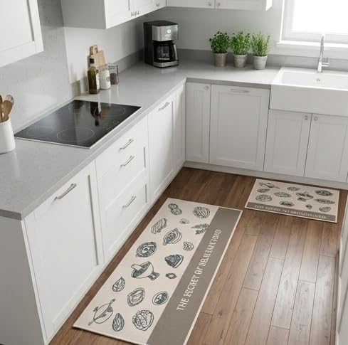 Image of HomeCloud Kitchen Rectangular Mat: Premium Anti-Slip, Soft, Washable, Designer Printed Mat for Floors, Kitchens, and Rooms - (6mm Thick, 41x122 cm and 41x61cm) (Delicious Food Beige)