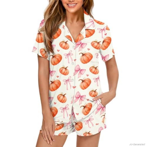 Image of Renewold Women's Short Sleeve Pajama Set Button Down Sleepwear with Notch Collar Soft Lounge Top and Shorts with Pockets
