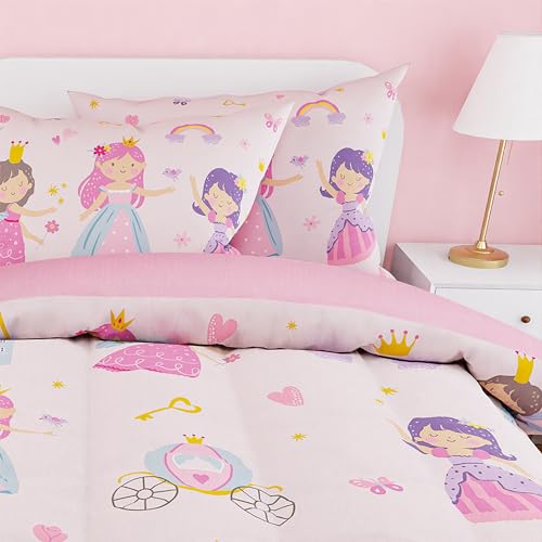 Image of SANDJEST Princess Comforter Set Full Size 98x86in for Kids Girls, Microfiber Bedding Set 4 Pcs Includes 1 Comforter, 2 Pillowcases, 1 Fitted Sheet, Nursery Room Decor Christmas Birthday
