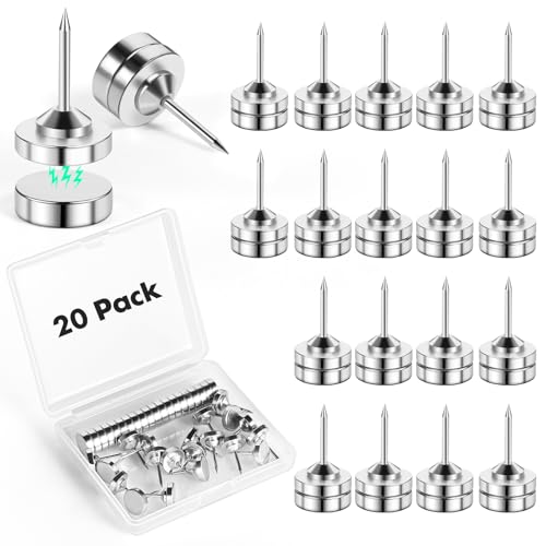GOOLADA 20 Sets Magnetic Push Pins, Silver Magnetic Tacks, Thumbtacks for Hanging, Poster Hanger, Push Pin Plips, Thumb Tacks for Wall, Push Pins for Bulletin Board Cork Board, Cubicle Accessories