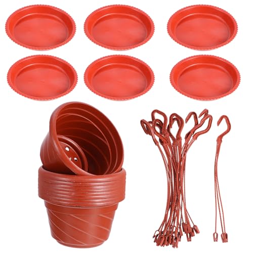 10 Pots Suspendus en Plastique Rouge avec Soucoupes KICHOUSE