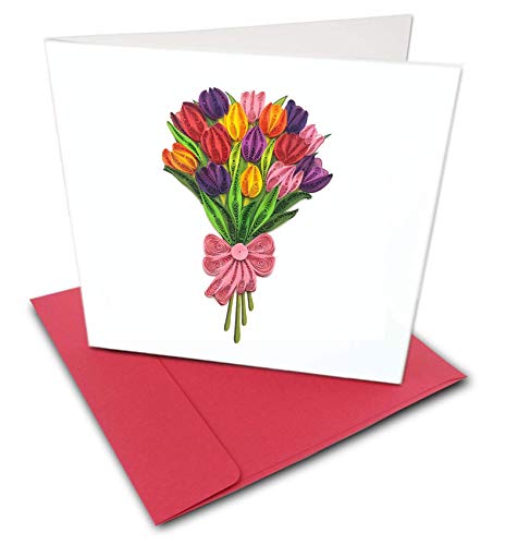 Tumybee Tulip Floral Card, Brilliant Flower Greeting Card | Handmade 3D Quilling Card For Love Friend Mom Birthday Anniversary | Luxury Paper Card Postcard With Envelop (Colorful Bouquet) #TOP2
