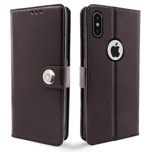Image of Pikkme Flip Cover Leather Finish | Inside TPU with Card Pockets | Wallet Stand and Shock Proof | Complete Protection Button Flip Case iPhone X /Xs (Coffee)